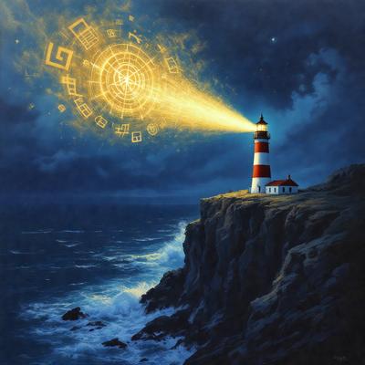 Primary subject: Lighthouse
Setting/background: Ocean
Visual style: Digital art
Colors and mood: Blue, yellow, and white